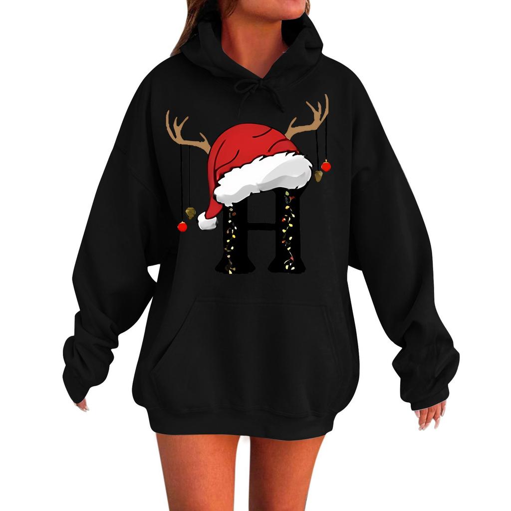 Ladies Fashion Casual Long Sleeve Printed Round Neck Hoodie Pullover Top With Pockets