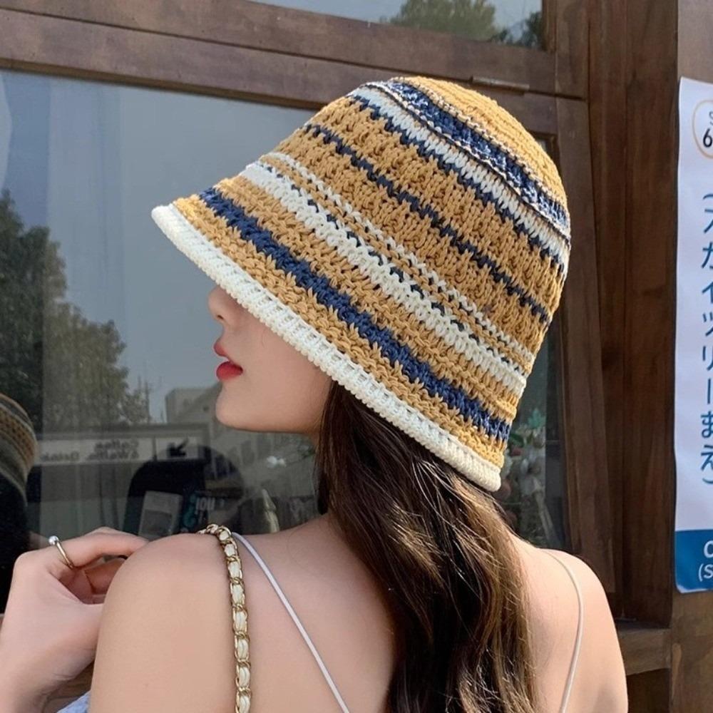 Stripe Knitted Bucket Hat Temperament Sun Protection Cap Fashion Fisherman Hat Women