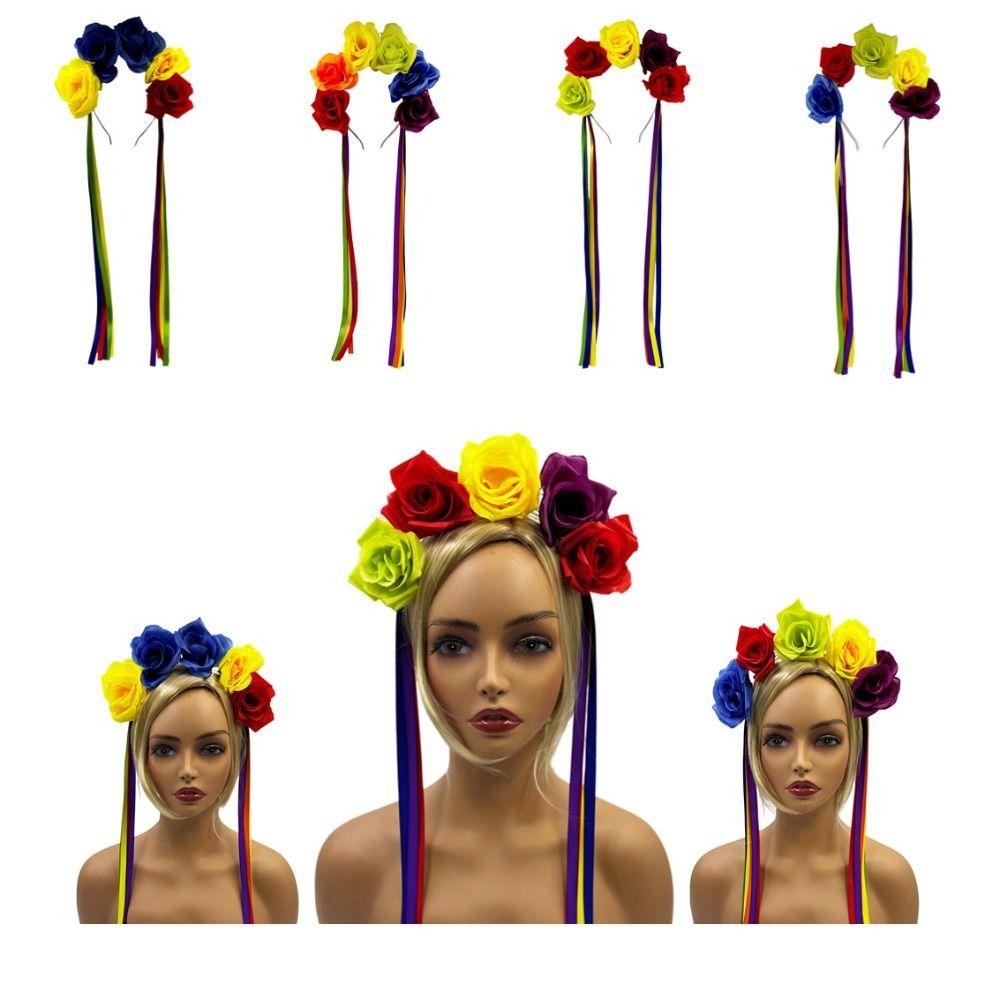 Cute Rainbow Rose Hair Hoop Artificial Flowers Festive Party Hair Accessory  Birthday