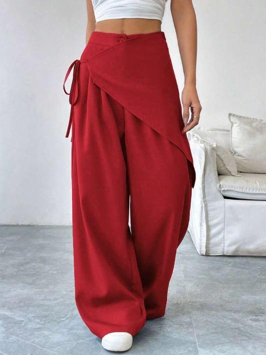 Women's High Waist Wide Leg Pants Asymmetric Wrap Design Casual Trousers