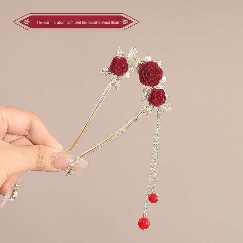 Заколка для волос с кисточкой в китайском стиле с красным цветком для женщин