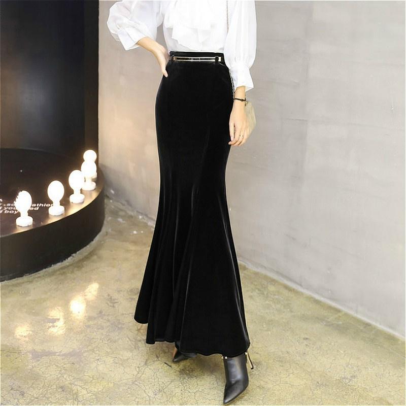 Женская бархатная юбка-русалка с рыбьим хвостом, длинная макси-облегающая черная винтажная юбка