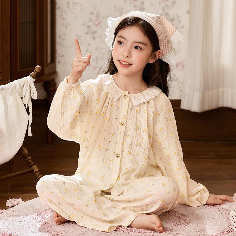 Girls Cotton Gauze Pajama Set Long Sleeve Cartoon Print Sleepwear Ages 8 Fall Comfortable Home Outfit