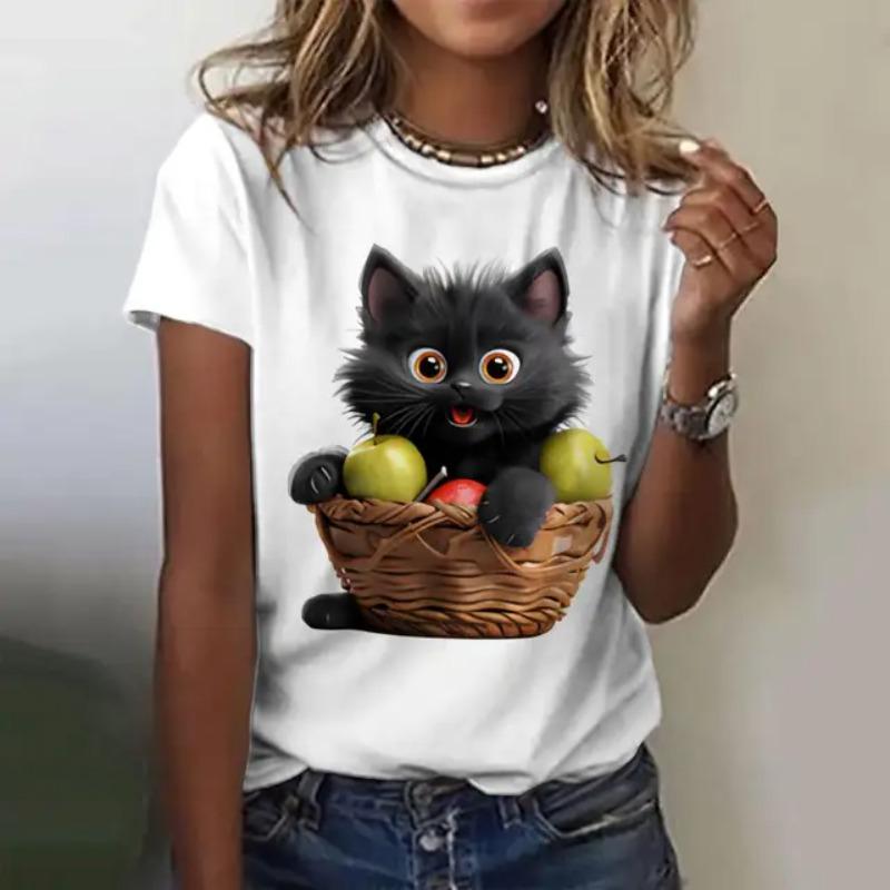 Женская летняя черная милая футболка с принтом кота, с коротким рукавом