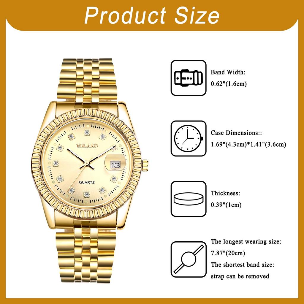 Gold Simple Stylish Diamond Analog Display Stainless Steel Calendar Waterproof Gold Pair Watch Pair Watch Quartz Leisure Business Couple Fashion