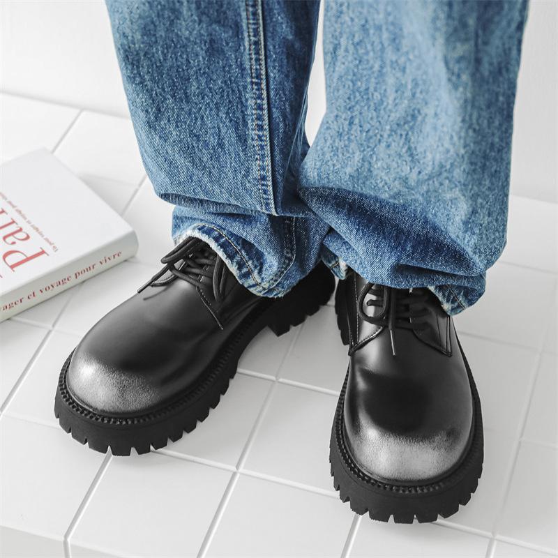 Кожаные туфли мужские осенне-зимние молодежные повседневные британские туфли дерби на толстой подошве черные с низким верхом 66501-J [