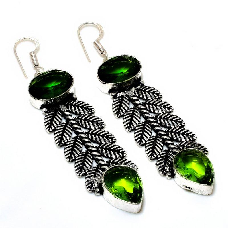 Peridot Gemstone 925 Silver Plated Handmade Jewelry Earring 2.84"