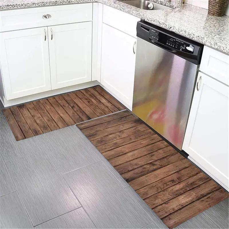 Rustic Wood Plank Kitchen Rug Set, Non-Slip Water Oil Resistant Floor Mats for Kitchen Laundry Room