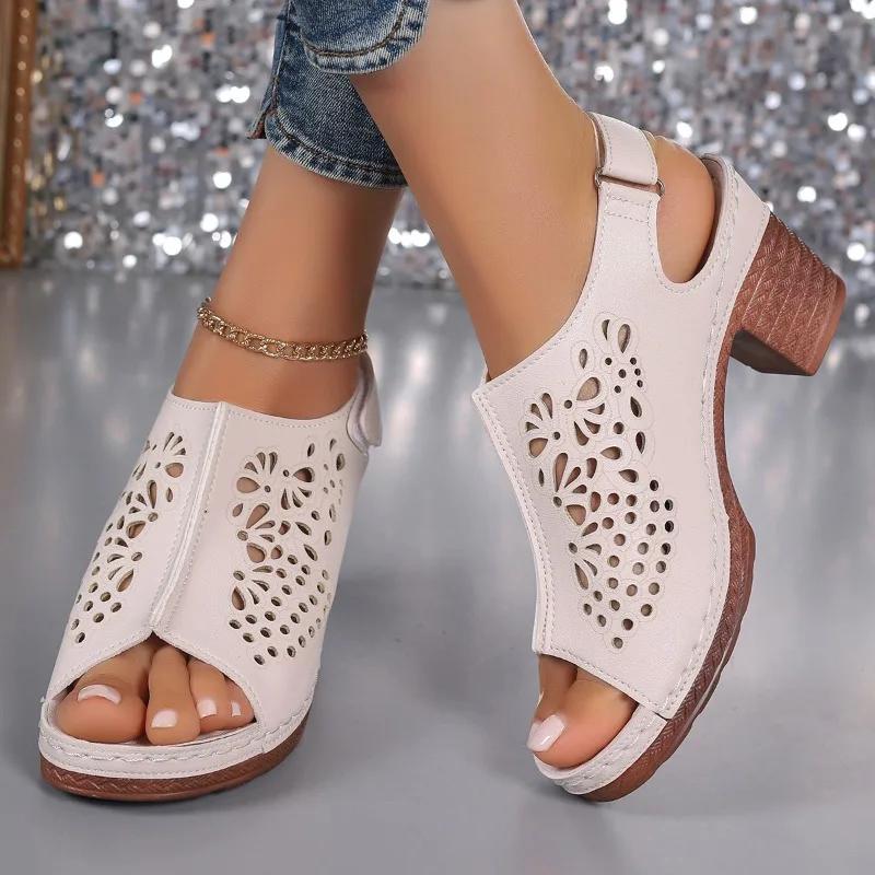 Распродажа модной женской обуви 2024 года, высококачественные женские босоножки с открытым носком и римскими полыми сплошными каблуками, босоножки больших размеров