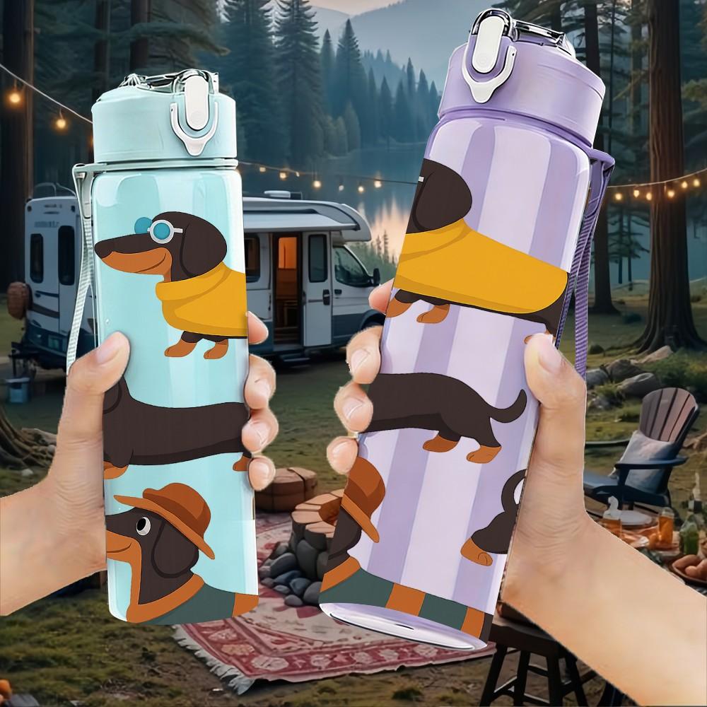 1PC Repeating Dachshund Dog Grid 750ml Color Plastic Sports Water Bottle Leakproof Flip Straw Lid For Sports Office Home Use