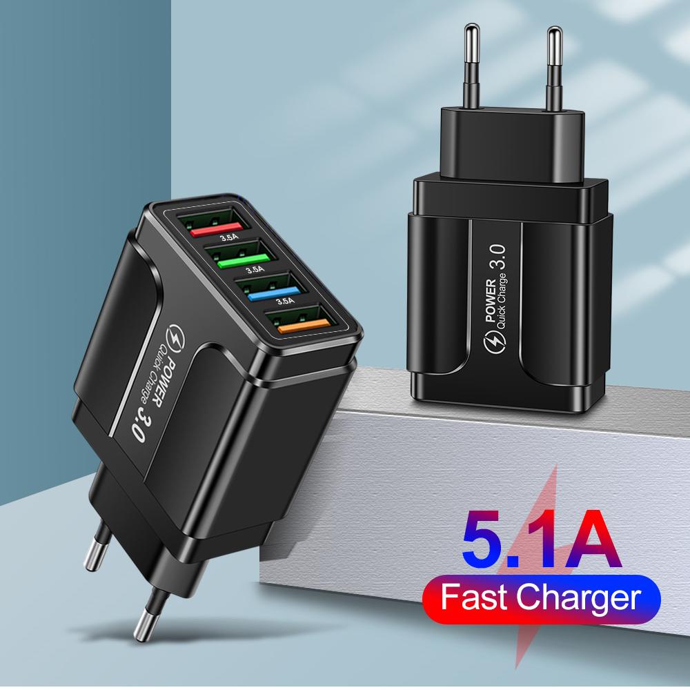 Быстрая зарядка на 4 USB Quick Charge 3.0 Быстрая USB-зарядка от сети Портативное мобильное зарядное устройство Адаптер QC 3.0 для Xiaomi IPhone X Вилка EU US