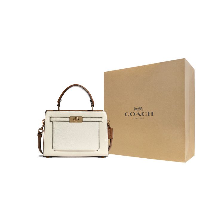 Coach Lane 20 Fashion Color Block Gold Buckle Smooth Pebble Leather Tote Shoulder Crossbody Bag Medium Women bags Chalk-White Copper C8319-IMTVF