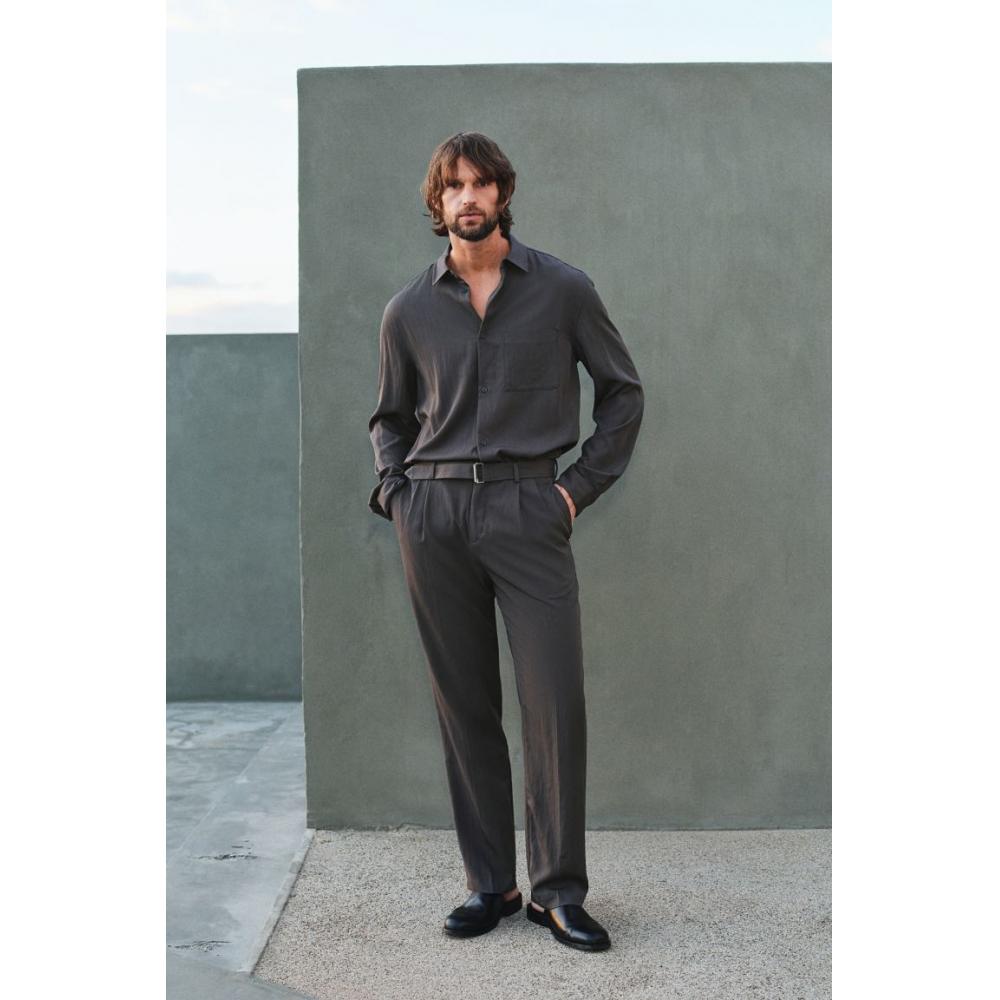 H M Belted Twill Pants Regular Fit Dark Grey