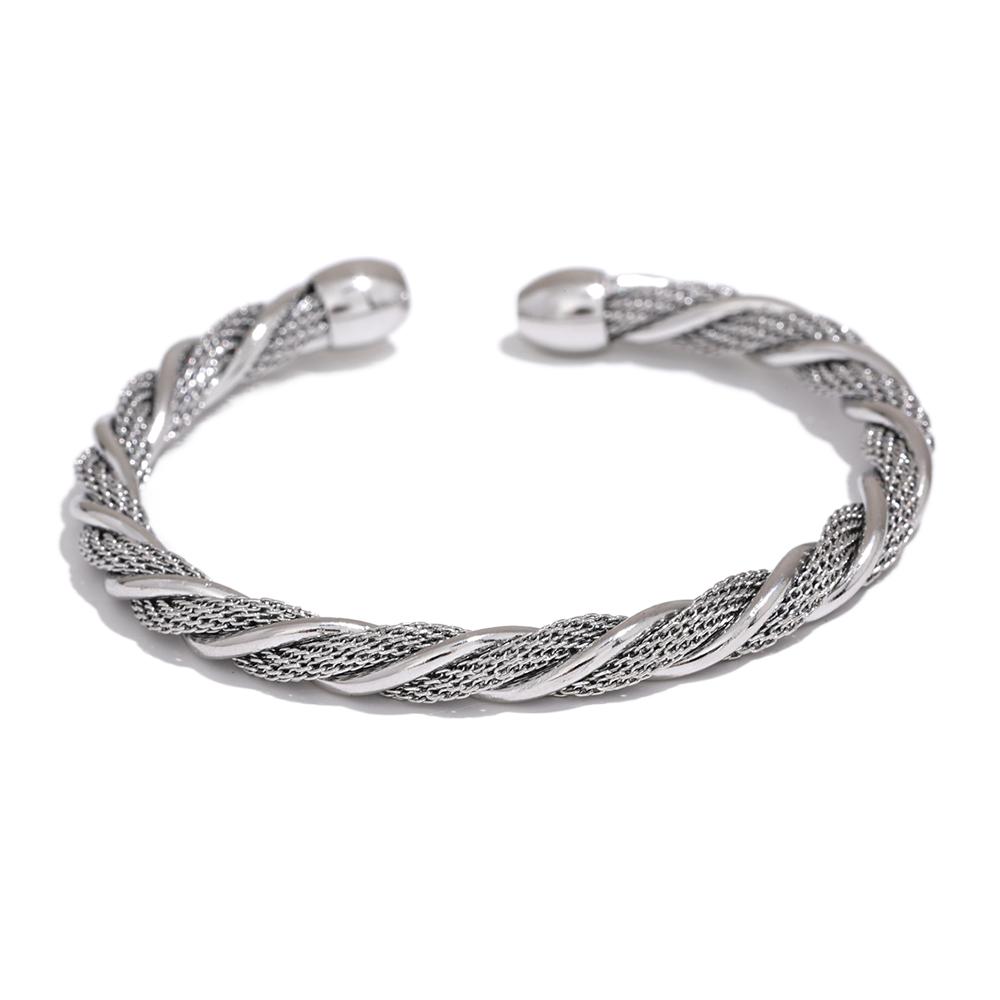 Yhpup Waterproof Stainless Steel Twisted Round Cuff Open Bracelet Bangle for Women Texture Metal Statement Jewelry Gift