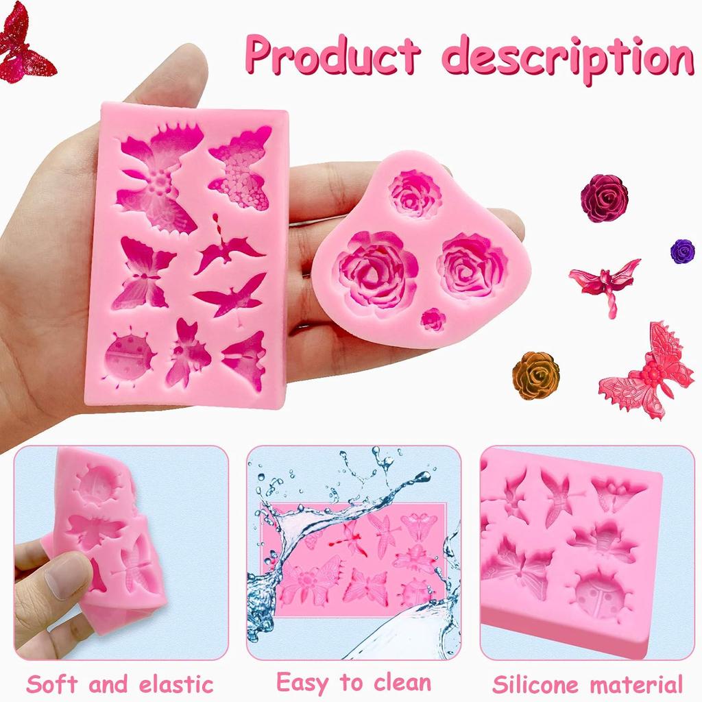 6-Piece Cake Molds Set, Flower/Butterfly/Leaf Shapes, Food-Grade Silicone, Pink Baking Tools