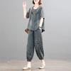Jeans Denim Sets Women Spring Summer Korean Loose Denim Shirt + Elastic Waist Jeans Pants 2PCS Large Size Retro Casual Suit