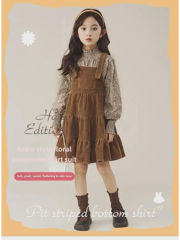 Комплект из двух частей в стиле ретро с цветочным принтом 2024 года для девочек — весенне-осенний комплект из двух частей