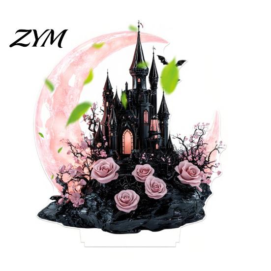 Sweet Cool Home Accents Halloween Dark Style Table Decorations, Acrylic Pink And Black Gothic Centerpiece, Desktop Ornaments Crescent Moon/