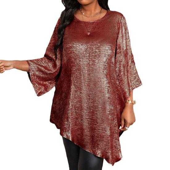 Women Tops Round Neck Ninth Length Sleeve Mid-length Blouse Sparkling Irregular Hem Loose Fit Tee Shirt Daily Wear