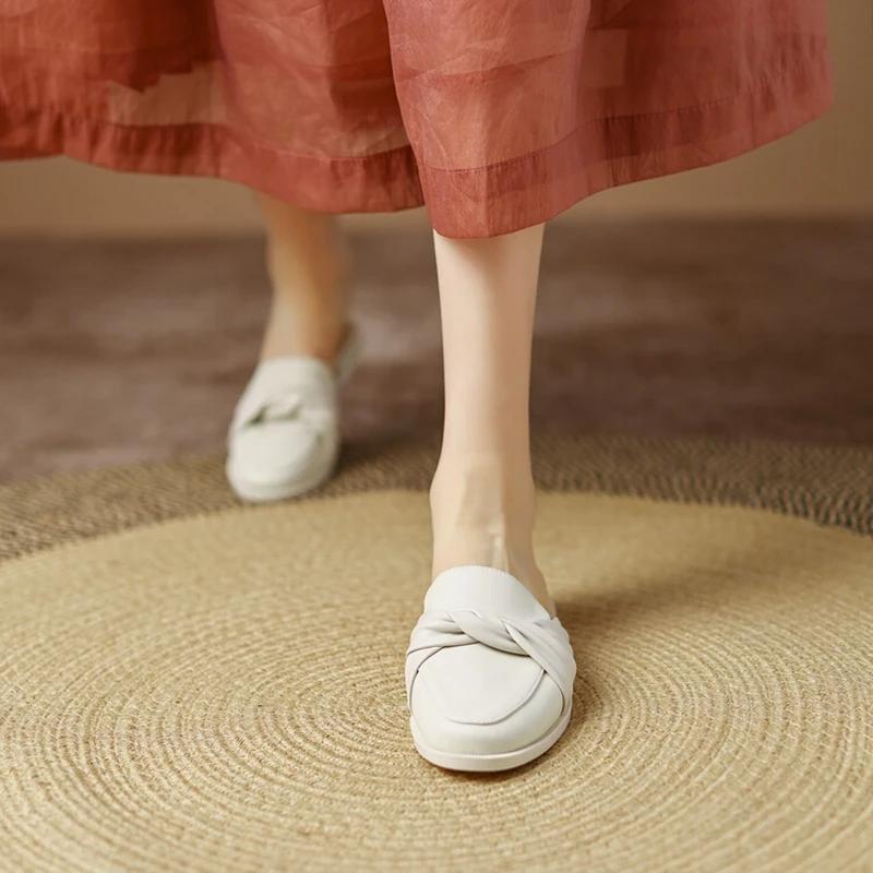 Fashion NEW Summer Women Mules Split Leather Shoes for Women Round Toe Low Heel Shoes Cover Toe Slingback Women Sandals Knot Slippers
