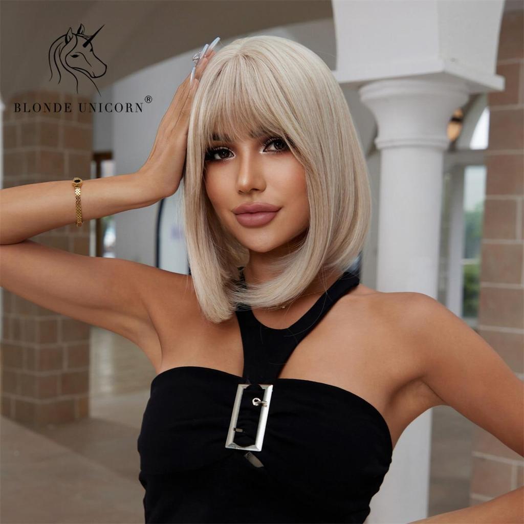 BLONDE UNICORN Синтетический парик блондинки, натуральный короткий парик «боб» с челкой, повседневное использование для черно-белых женщин, термостойкий косплей