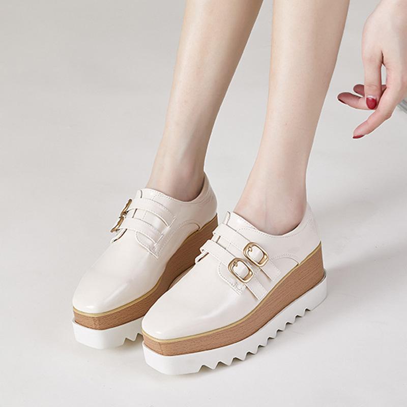 Japanned Leather Double Buckle Brogue Shoes Woman Square Toe High Pltaform Flats Mixed Color Bottom Muffins Shoes for Woman 2024