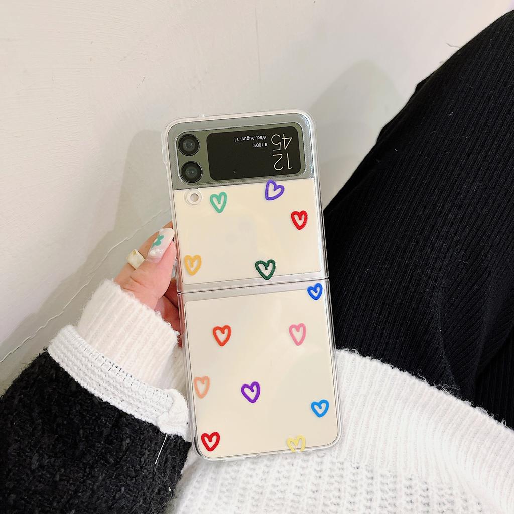 For Samsung Galaxy Z Flip 3 Case Korean Colorful Heart For Samsung Z Flip 4 Zflip4 Luxury Hard Pc Clear Cover With Laser Jam