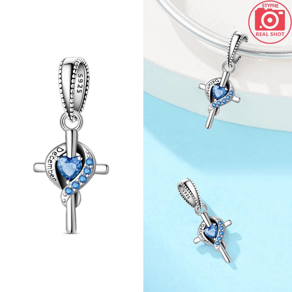 Women Pendant Original Red Zircon Birthstone Blue Gemstone Heart Cross Bead Fit Bracelet Copper Jewelry Accessory Charm Gift
