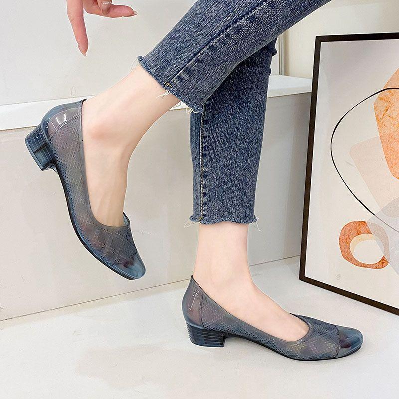 Женские прозрачные сандалии с кристаллами, летние модные туфли на блочном каблуке с нескользящим носком, ажурные прозрачные туфли на высоком каблуке