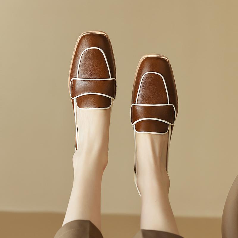 VANGULL Brand Women Spring Pumps Natural Leather 22-25cm Cowhide+sheepskin Square Toe Loafers Mixed Colors Thick Heels Womens Shoes