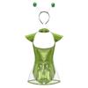 Womens Space Alien Cosplay Costume Fly Sleeve Cutout Briefs Bottom One Piece Bodysuit with PVC Skirt Hair Hoop Headband