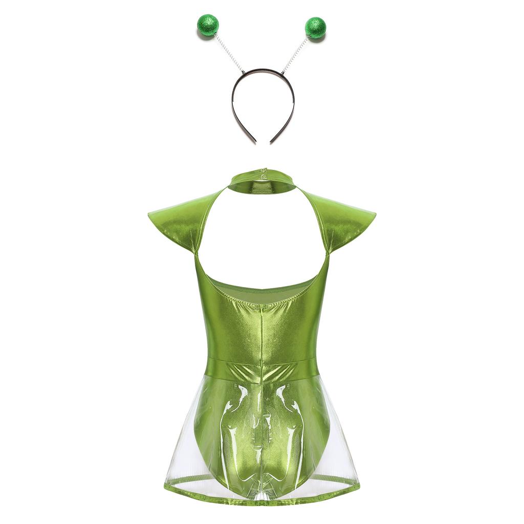 Womens Space Alien Cosplay Costume Fly Sleeve Cutout Briefs Bottom One Piece Bodysuit with PVC Skirt Hair Hoop Headband