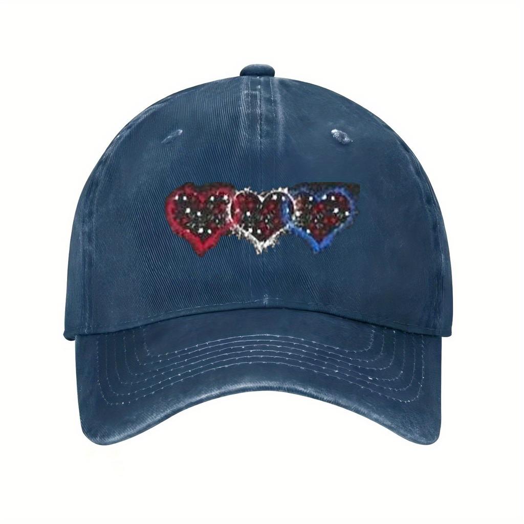 Red White and Blue Three Hearts Baseball Cap Unisex Distressed Cotton Casual Adjustable Summer Hat