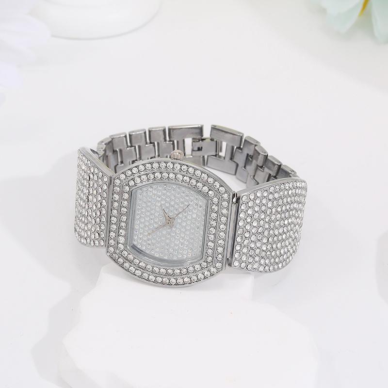 5PCS Fashion Luxury Women's Diamond Silver Quartz Watch Girls' Square Pendant Necklace Diamond Earrings Ring Jewelry Set for Girls