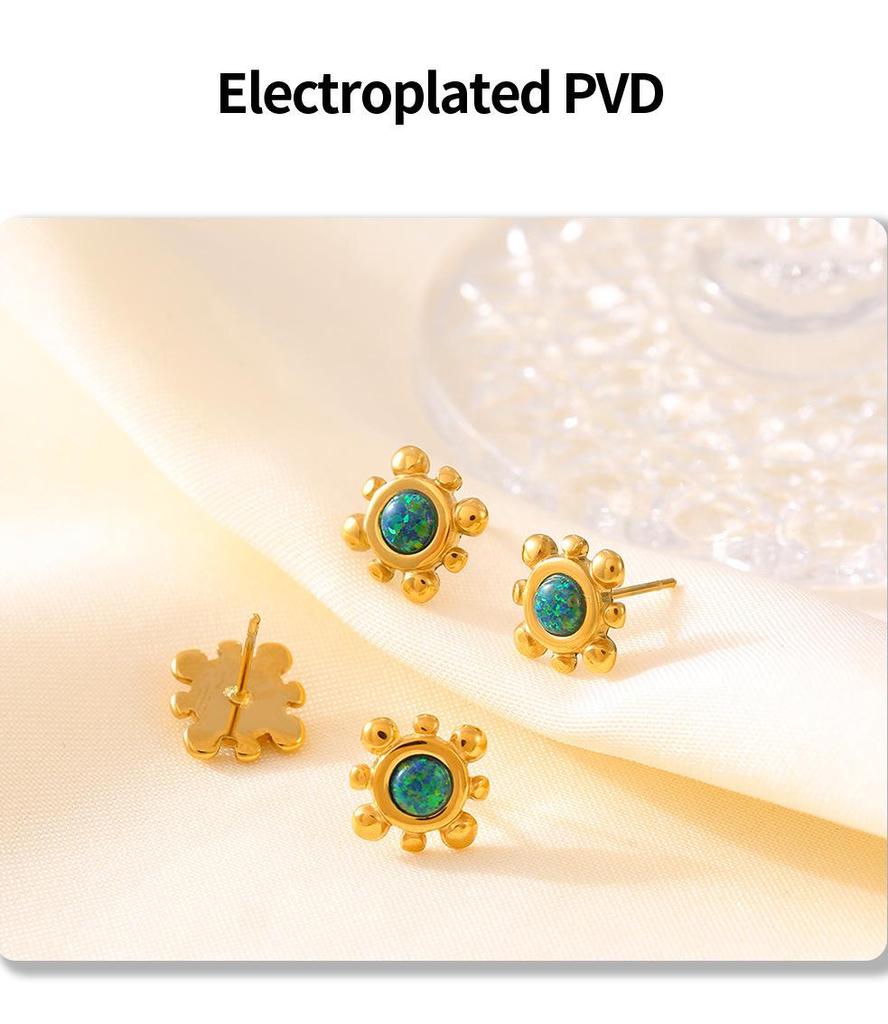 European & American Sunflower Gemstone Earrings & Clavicle Necklace Set, 18K Gold-Plated Titanium Steel