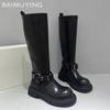 Женские высокие сапоги на платформе, кожаные туфли, женские трендовые зимние готические снежные гладиаторские панк-ботинки до колена, мотоциклетные ботинки Mujer