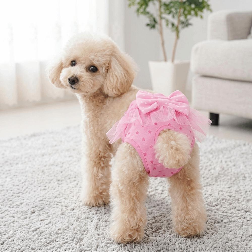 Pink Tone Dog Period Underwear Bow Decor Pet Short Pant Female Dog Nappy  Indoor Daily Wear