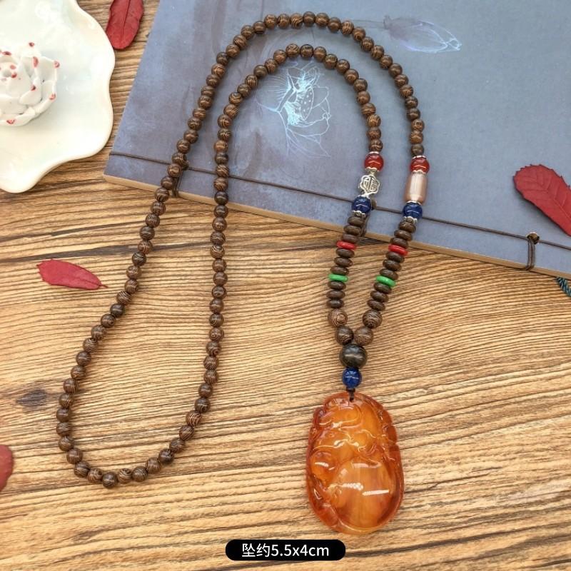 Ретро куриное крыло дерево второе поколение старое восковое ожерелье мужчины и женщины универсальный янтарный кулон длинная цепочка для свитера кулон