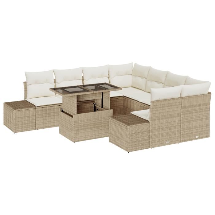 VidaXL Ensemble de salon de jardin 9 pièces avec coussins en rattan poly beige 3357894