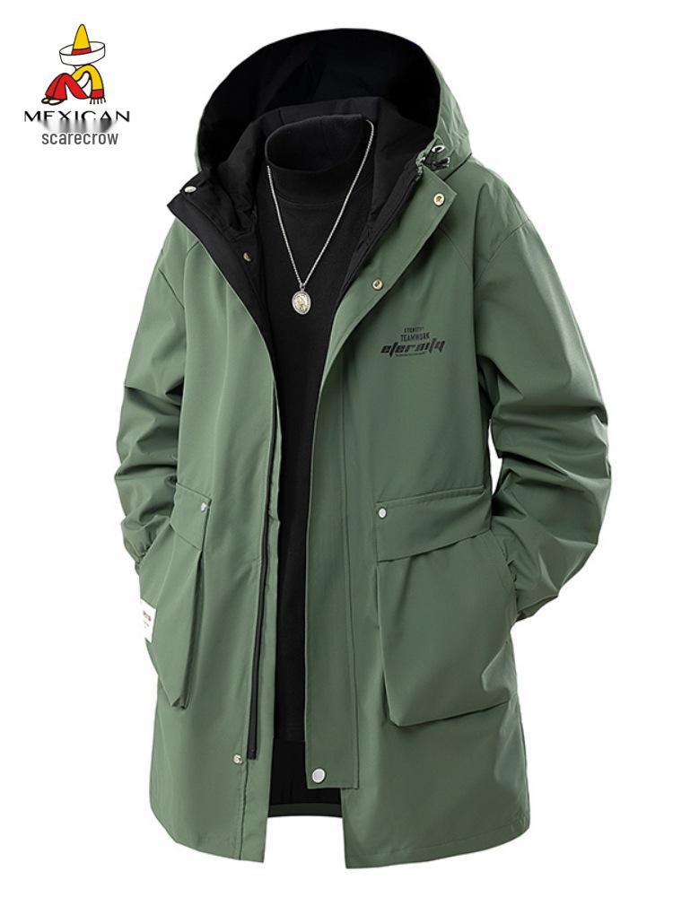 Мужской плащ-тренч со капюшоном средней длины "Пугало" - Модный, свободный, больших размеров для весны и осени