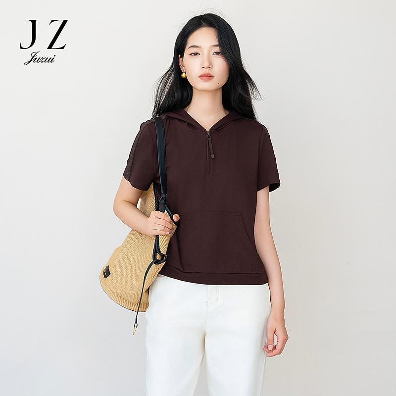 JUZUI Casual Lulu Hooded Short sleeved Single Top Women's Summer New Style