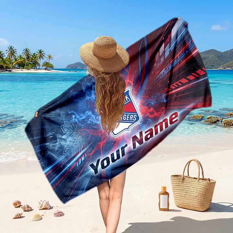 New York Rangers Customized Name Text Beach Towel, Soft Absorbent Towel Beach Pool Travel Personal Gift