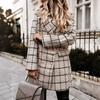 Зимнее осеннее женское пальто с отложным воротником, клетчатый принт, двубортное, с длинными рукавами, плотная куртка средней длины для свиданий, поездок на работу, офиса