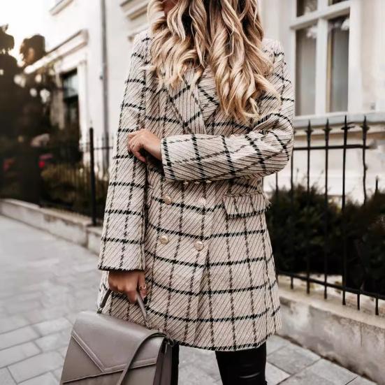 Зимнее осеннее женское пальто с отложным воротником, клетчатый принт, двубортное, с длинными рукавами, плотная куртка средней длины для свиданий, поездок на работу, офиса