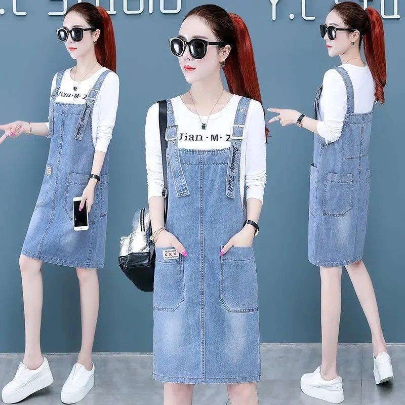 Летнее свободное платье Платье больших размеров Платье средней длины на бретелях Модное джинсовое платье без рукавов с карманами Плюс размер