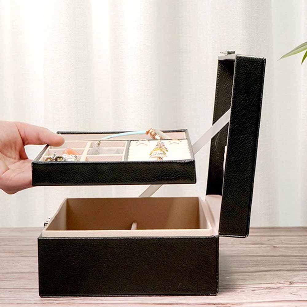 PU Leather Double-layer Jewelry Box with Lock Necklace Earring Box Leather Jewelry Organizer Women