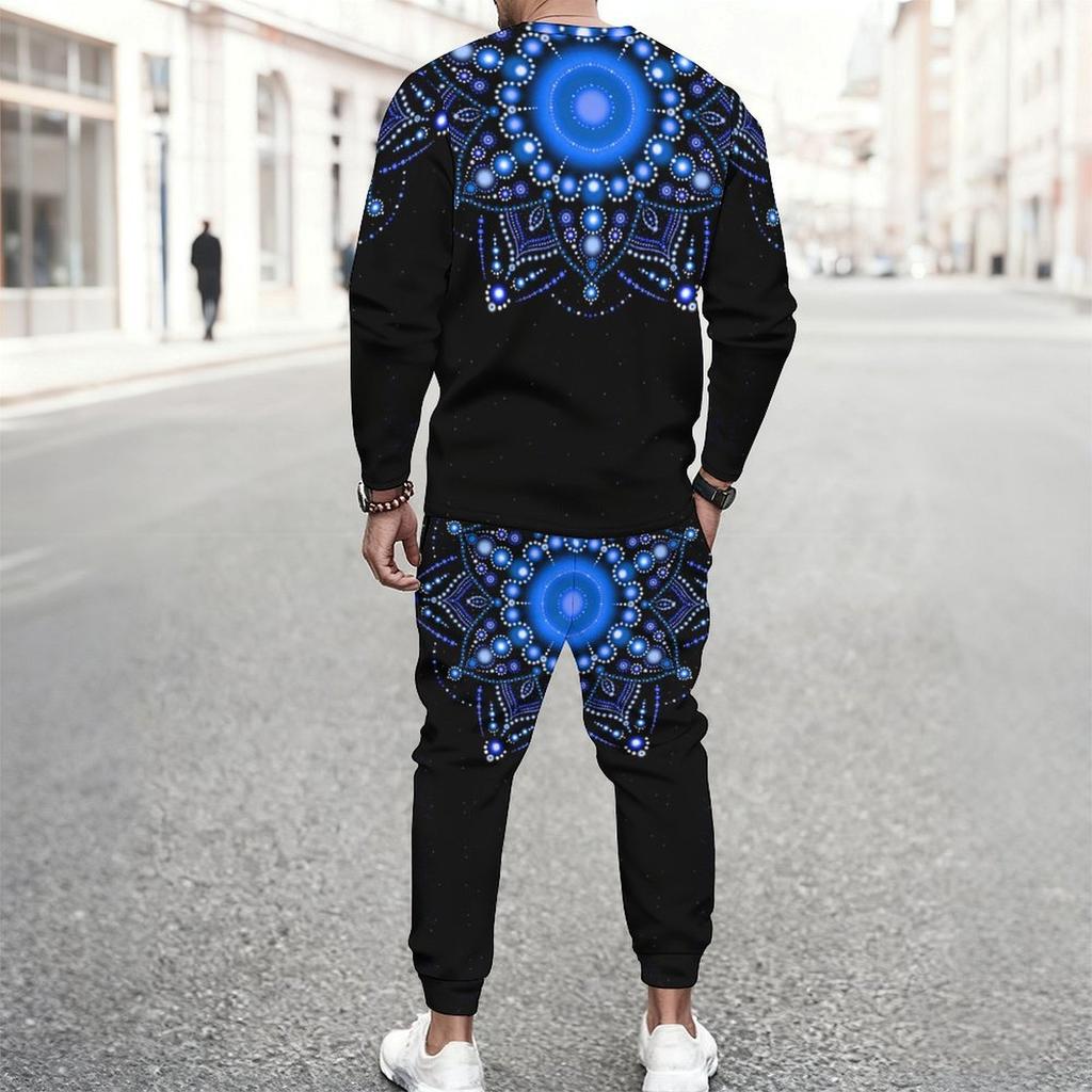 Men Black Blue Bohemian Mandala Partial Print Long Sleeve Sweatshirt Jogger Pants Two Piece Suit