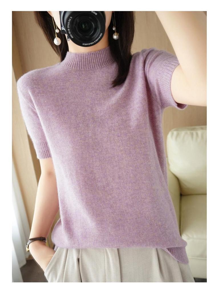 Women's Wool Blend Half High Neck Short Sleeve Sweater