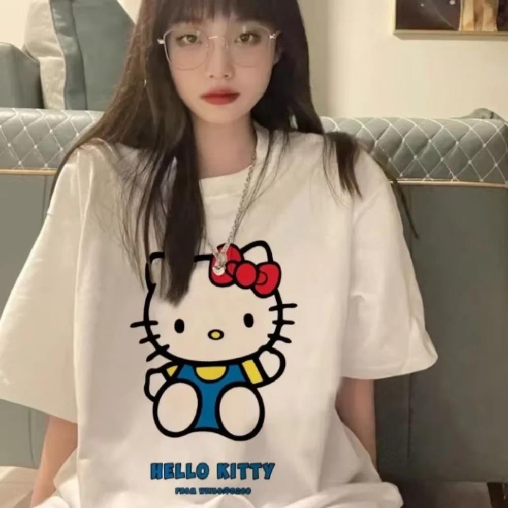 Hello Kitty Cute White Tshirt Womens New Korean Style Y2K Street Style Campus Style Top Womens Oversized Quickdry Top