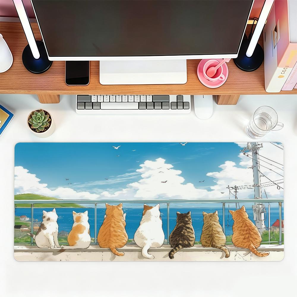 Cute Cartoon Cat Fish Lofi Mouse Pad For Office Gaming And Keyboards NonSlip Large Waterproof